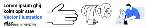 Hand outline, mechanical component with gears, and man turning a wrench suggest mechanical work. Mans blue attire, labels, gears. Ideal for industry, mechanics, engineering technical manuals