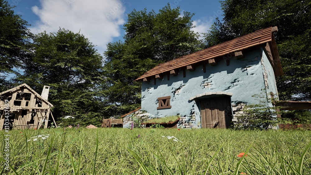 Obraz premium Rustic Blue Stone Cottage and Wooden Shack in Grassy Field