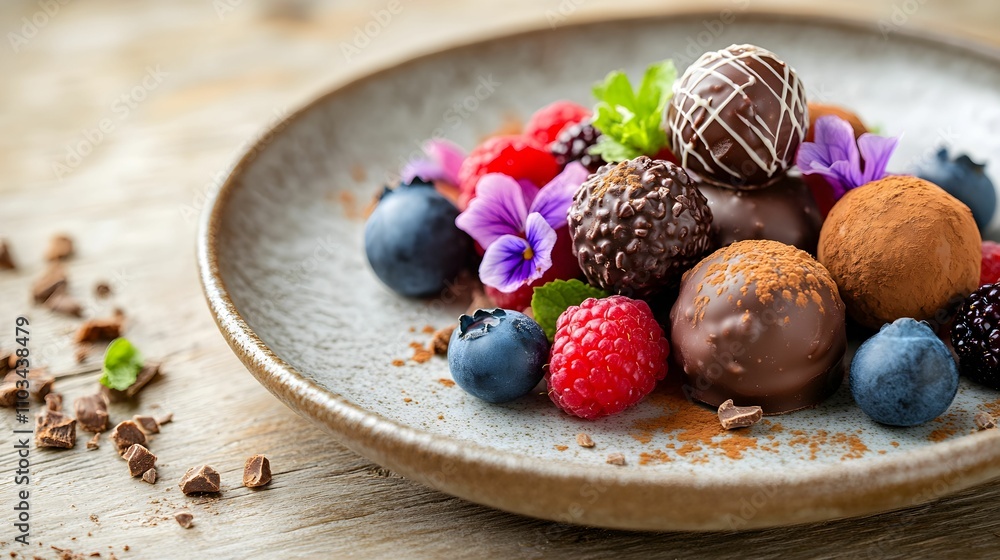 fotografia deserów gourmet, czekoladowe trufle, mieszane owoce jagodowe, jadalne kwiaty, luksusowy talerz deserowy, naturalne oświetlenie, delikatna porcelana, drewniany stół, miękkie rozproszone świa fotografia deserów gourmet, czekoladowe trufle, mieszane owoce jagodowe, jadalne kwiaty, luksusowy talerz deserowy, naturalne oświetlenie, delikatna porcelana, drewniany stół, miękkie rozproszone świa