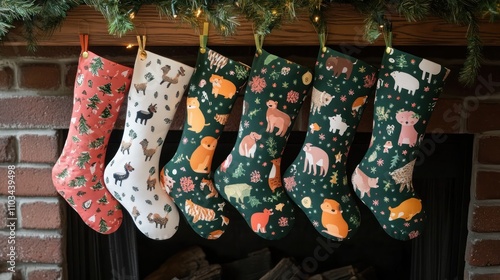 Cute stockings with holiday animal designs, perfect for kids, hung on a brick fireplace photo