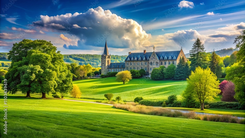 Obraz premium Captivating Landscape Depicting the Essence of Liberal Arts Education with Lush Green Fields, Academic Buildings, and Inspiring Natural Surroundings