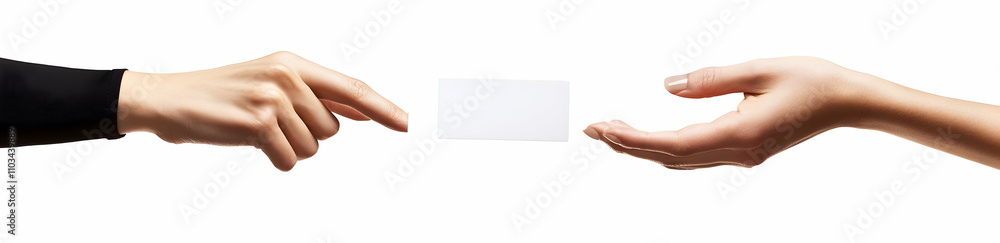A photograph depicts two hands, one holding out an empty white card and the other hand reaching to take it from the first A photograph depicts two hands, one holding out an empty white card and the other hand reaching to take it from the first