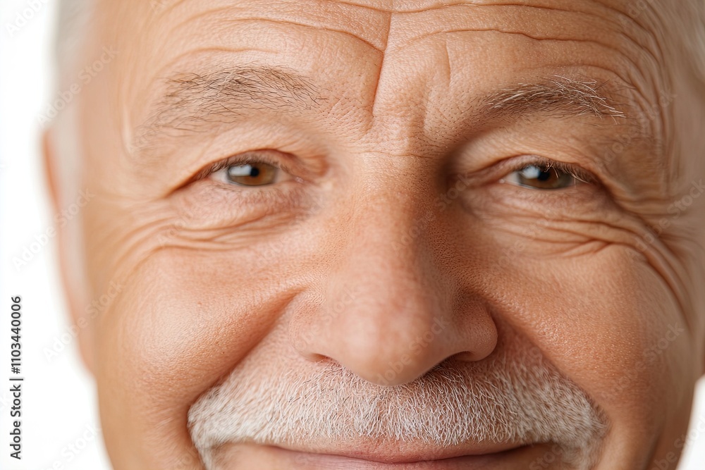 Senior man smiles warmly with deep wrinkles and bright eyes in a close-up portrait Senior man smiles warmly with deep wrinkles and bright eyes in a close-up portrait