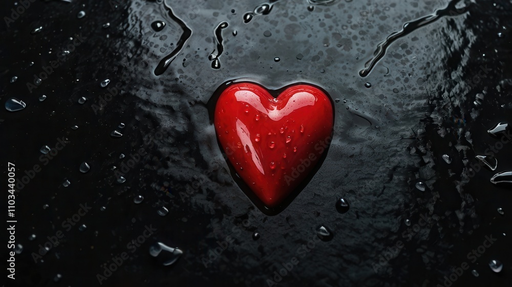 Shiny Red Heart with Water Droplets on a Dark Surface Shiny Red Heart with Water Droplets on a Dark Surface