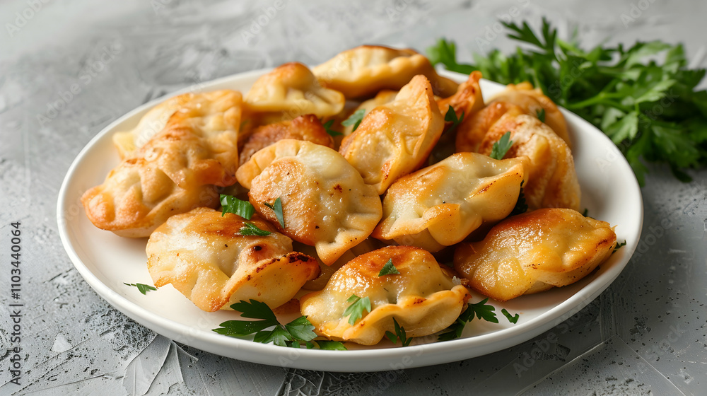 Fried dumplings on a white plate on gray background. Russian food. Front view, isolated. Fried dumplings on a white plate on gray background. Russian food. Front view, isolated.