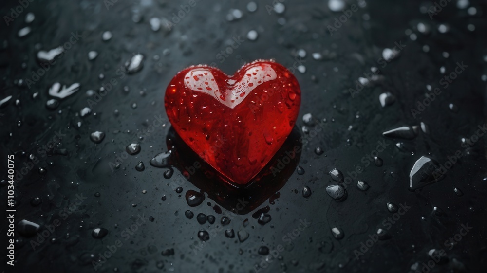 Shiny Red Heart with Water Droplets on a Dark Surface Shiny Red Heart with Water Droplets on a Dark Surface