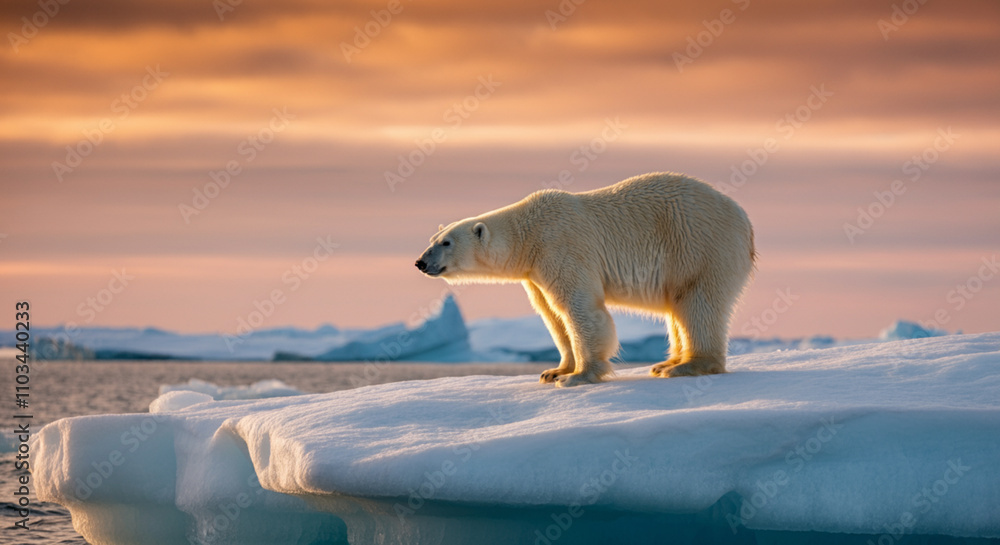 A polar bear standing on a melting iceberg under a dramatic sunset A polar bear standing on a melting iceberg under a dramatic sunset