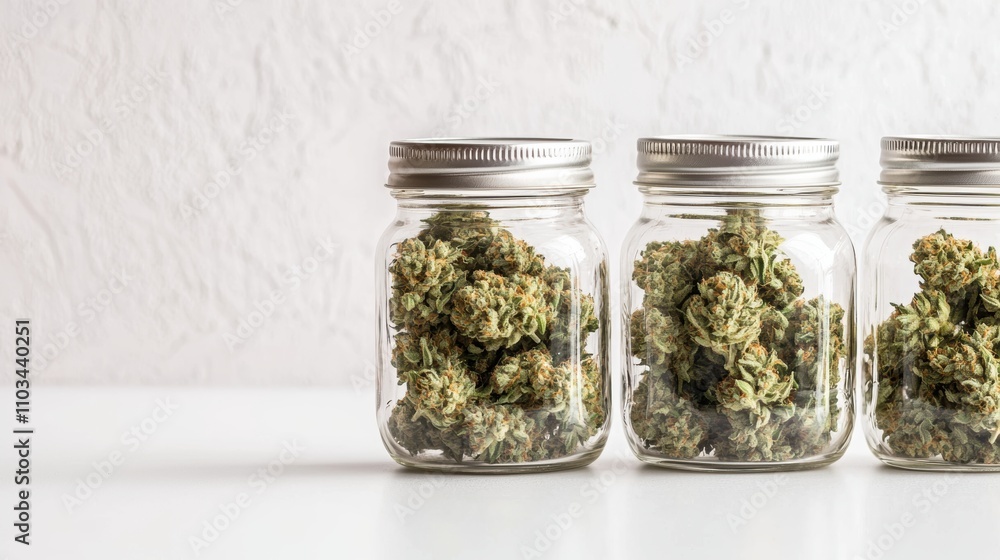 Cannabis product on a white table with a dispensary backdrop glass jars and plants creating a clean and natural aesthetic Cannabis product on a white table with a dispensary backdrop glass jars and plants creating a clean and natural aesthetic