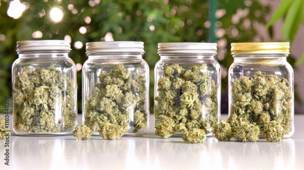 Cannabis product on a white table with a dispensary backdrop glass jars and plants creating a clean and natural aesthetic Cannabis product on a white table with a dispensary backdrop glass jars and plants creating a clean and natural aesthetic