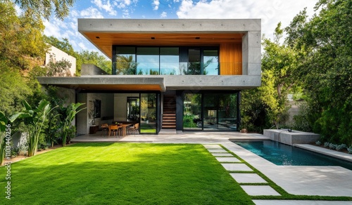 Modern house with a flat roof, green grass lawn, and a modern garden design in front of the building. 