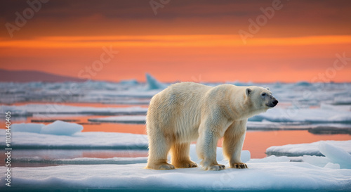 A polar bear standing on a melting iceberg under a dramatic sunset