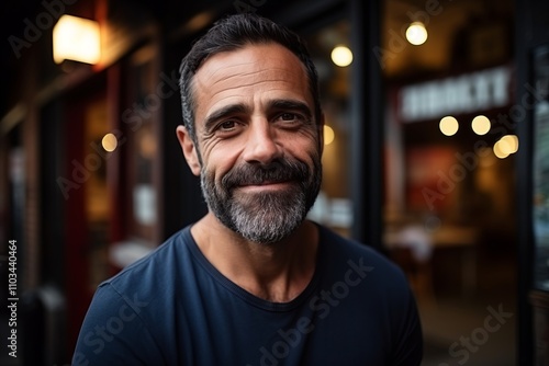 Portrait of a handsome man with beard and mustache in a cafe