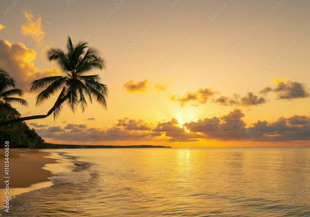 Tranquil golden sunset illuminating a tropical beach with palm trees silhouetted against the colorful sky Tranquil golden sunset illuminating a tropical beach with palm trees silhouetted against the colorful sky