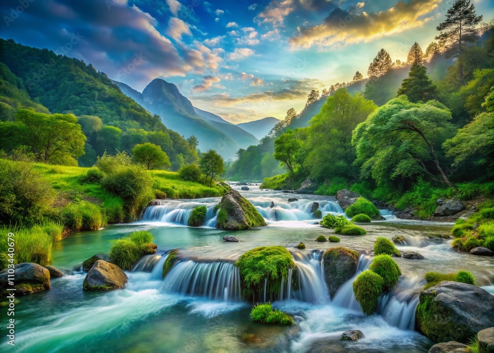 Captivating Landscape Photography Depicting the Importance of Water Consumption with Nature's Beauty in the Background and Symbolic Elements Representing Water Usage Captivating Landscape Photography Depicting the Importance of Water Consumption with Nature's Beauty in the Background and Symbolic Elements Representing Water Usage