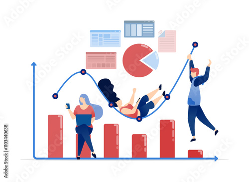 vector illustration of Employees Working Around a Bar Chart Graph that Goes Up and Down, Reviewing Company Performance and Creating Effective Corporate Planning for Future Growth