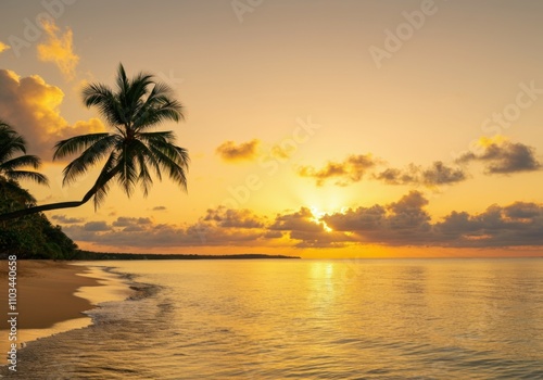 Tranquil golden sunset illuminating a tropical beach with palm trees silhouetted against the colorful sky