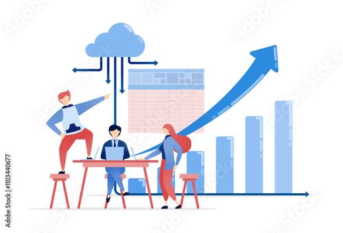 vector illustration of People gather to review, plan, and strategize at a table, determining the path for career success in sales, finance, and corporate growth through effective decision making