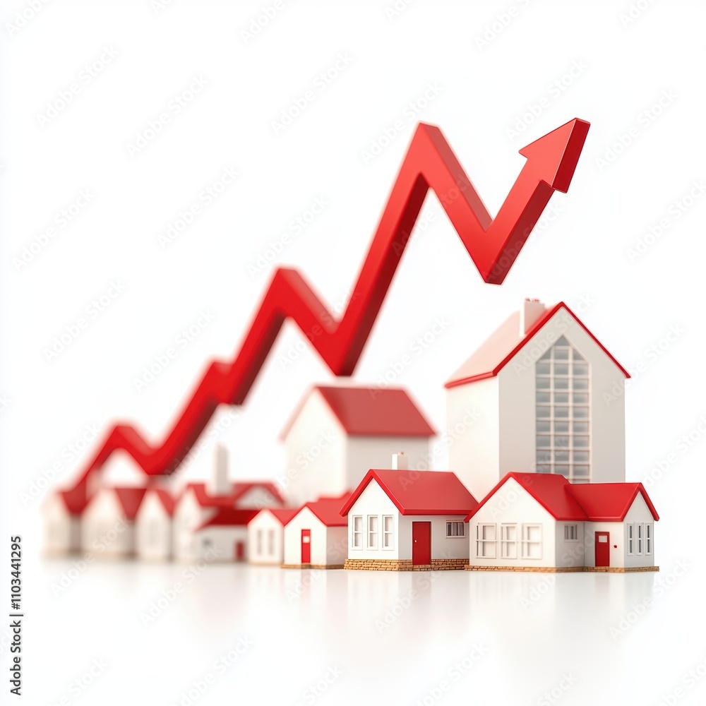 Increasing housing market trend shown with ascending red arrow and small homes abstract representation of real estate growth