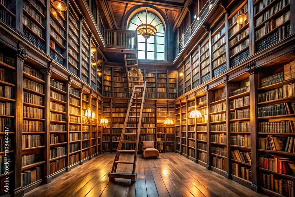 Fototapeta premium Captivating Library Scene Featuring Towering Bookshelves and a Wooden Ladder Inviting Exploration of Literary Treasures and Knowledge in a Serene Environment
