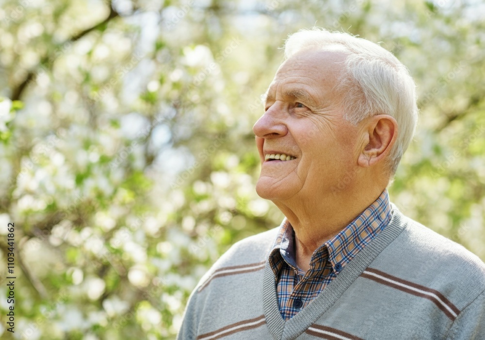 Elderly man smiling in a flowering orchard, enjoying a beautiful spring day Elderly man smiling in a flowering orchard, enjoying a beautiful spring day