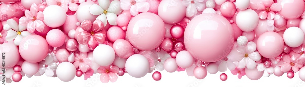 A vibrant arrangement of pink and white spheres mixed with delicate flowers creates a whimsical and cheerful aesthetic, Ideal for backgrounds in marketing, event invitations A vibrant arrangement of pink and white spheres mixed with delicate flowers creates a whimsical and cheerful aesthetic, Ideal for backgrounds in marketing, event invitations