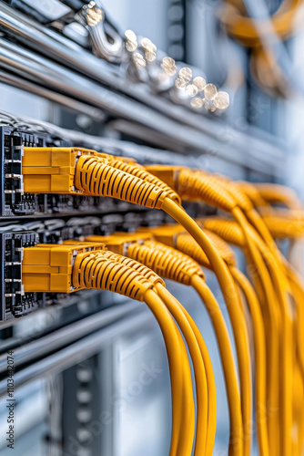 Close up of shielded cables connected to LAN switch, showcasing vibrant yellow cables. image highlights intricate network setup and modern technology