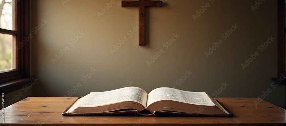 Open bible on wooden table with cross on wall near window in serene setting Open bible on wooden table with cross on wall near window in serene setting