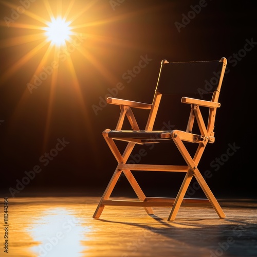 Stylish director s chair and studio lights in a dark minimalist setting illuminated by a bright spotlight showcasing film and storytelling themes photo