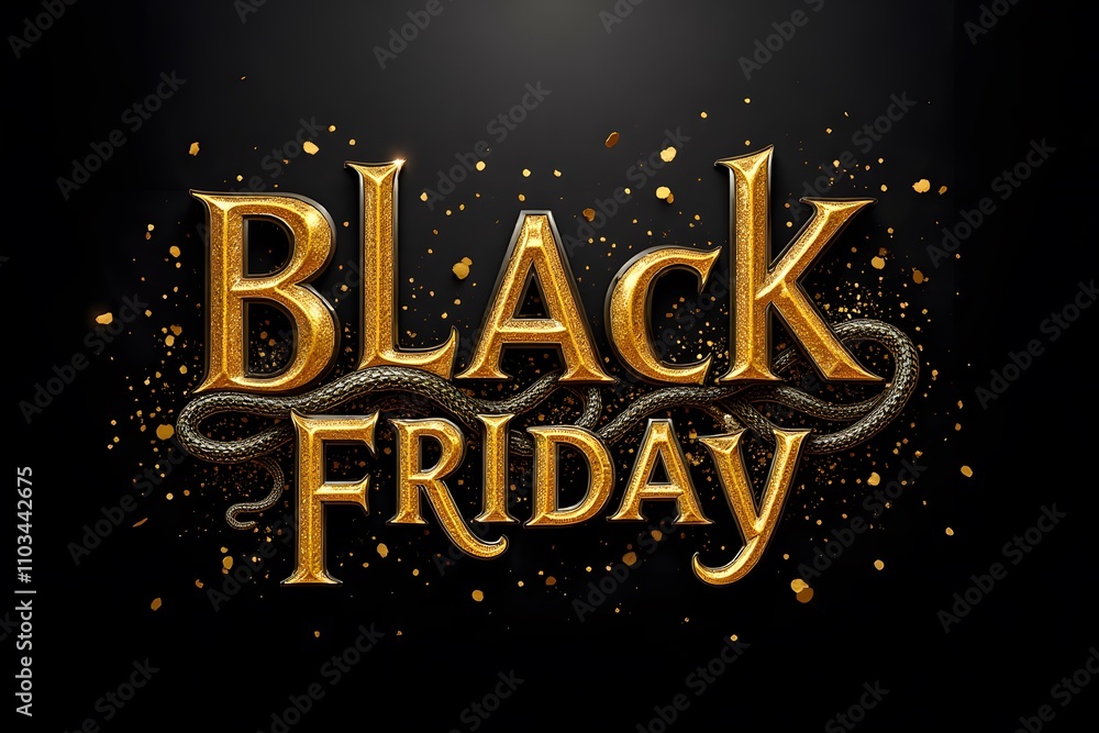 Golden black friday lettering with sparkling gold particles and decorative elements Golden black friday lettering with sparkling gold particles and decorative elements