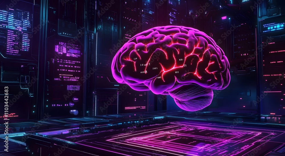 A human brain floating on top of an electronic chip. Artificial intelligence concept with neon lights and details. Which creates a futuristic environment. With technology and machine learning concept. A human brain floating on top of an electronic chip. Artificial intelligence concept with neon lights and details. Which creates a futuristic environment. With technology and machine learning concept.
