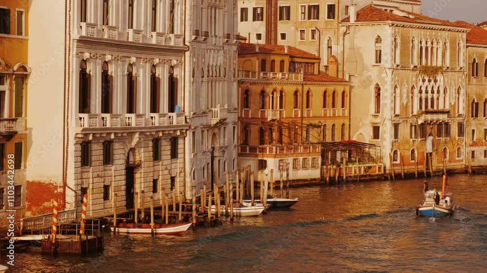 Sunrise view of the Grand Canal in Venice, Italy with serene waters, boat traffic and elaborate buildings. Venice is an archipelago of 126 islands separated by canals linked by 472 bridges Sunrise view of the Grand Canal in Venice, Italy with serene waters, boat traffic and elaborate buildings. Venice is an archipelago of 126 islands separated by canals linked by 472 bridges