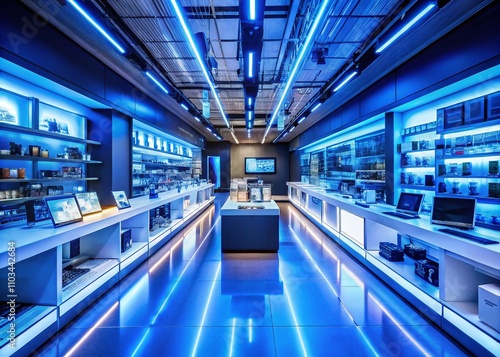 Captivating Long Exposure of an Electronics Store Aisle Bathed in Cool Blue Lighting, Highlighting a Diverse Range of High-Tech Gadgets and Devices