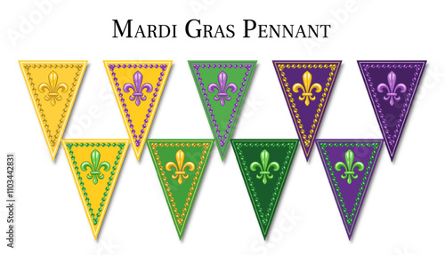 Triangular Mardi Gras pennants, flags, bunting for holiday celebration, decoration with Fleur de Lis symbol, masks, beads. Design element in vintage style
