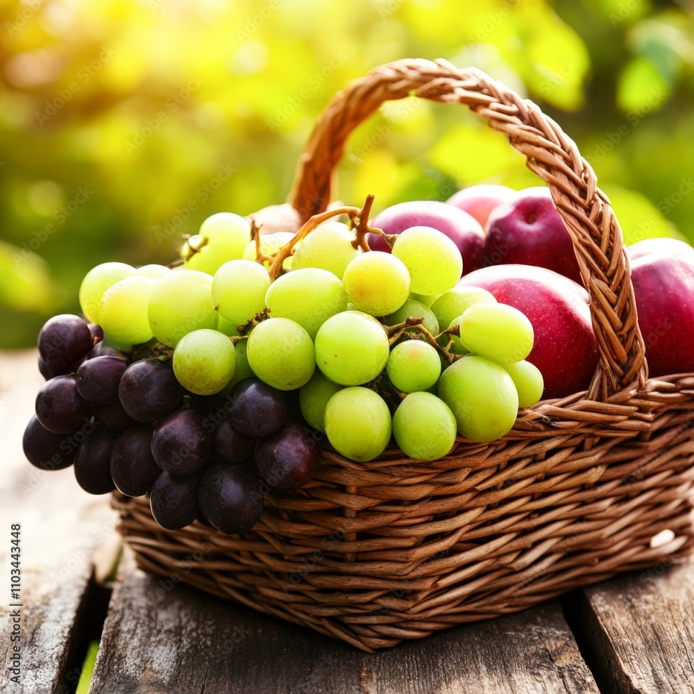 A wicker basket filled with vibrant green grapes and red apples, set against a blurred bright background, Ideal for healthy eating campaigns, food blogs, or seasonal marketing, A wicker basket filled with vibrant green grapes and red apples, set against a blurred bright background, Ideal for healthy eating campaigns, food blogs, or seasonal marketing,