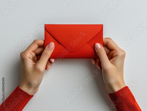 Vibrant Red Envelope Held in Hands Against White Background.