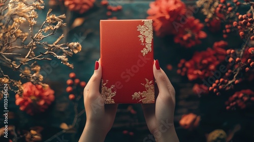 Woman holding, giving red envelopes (ang pow, hong bao) for lucky money, top view, flat lay, overhead above.