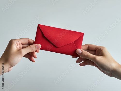 Vibrant Red Envelope Held in Hands Against White Background.
