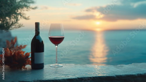 A bottle of wine and a wine glass are on a ledge overlooking the ocean.