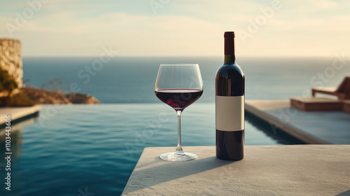 A bottle of wine and a wine glass are on a ledge overlooking the ocean.