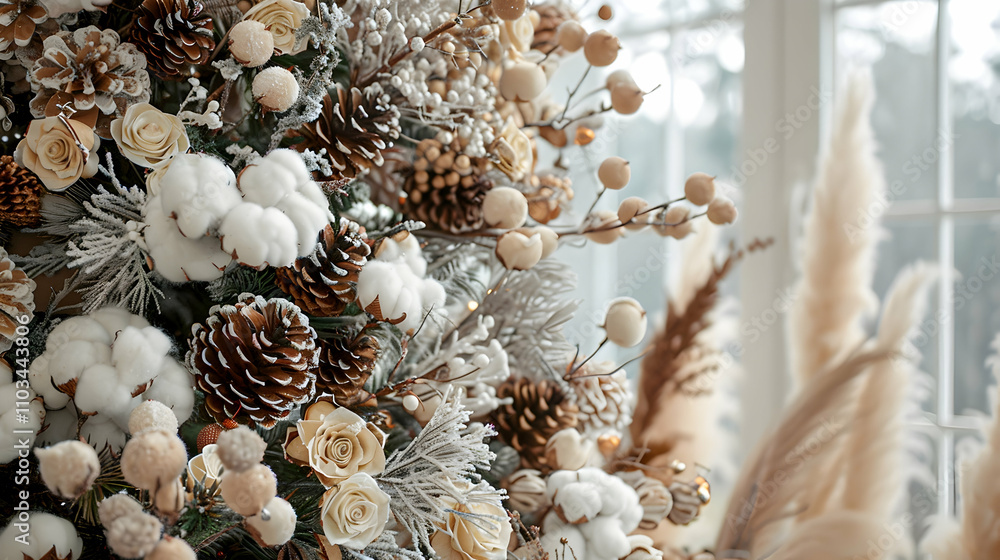 Beautiful decorated Christmas tree with dry flowers, pine cones and cotton. Boho design. Close-up. Beautiful decorated Christmas tree with dry flowers, pine cones and cotton. Boho design. Close-up.