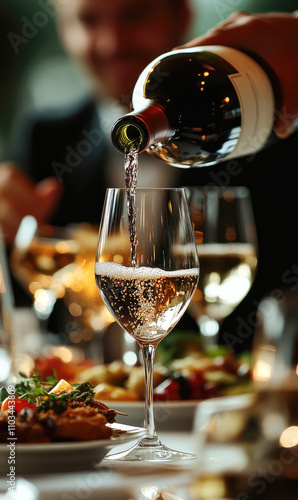 A waiter pouring wine into a glass at a fine dining restaurant.