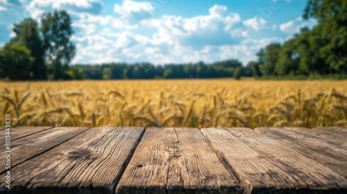 Empty wooden table mockup on the background of a wheat field.