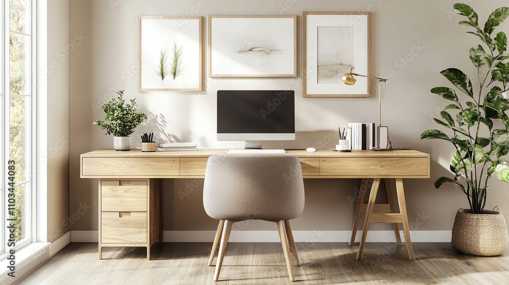 A minimalist home office with a desk, computer, bookshelf, and plants. A minimalist home office with a desk, computer, bookshelf, and plants.