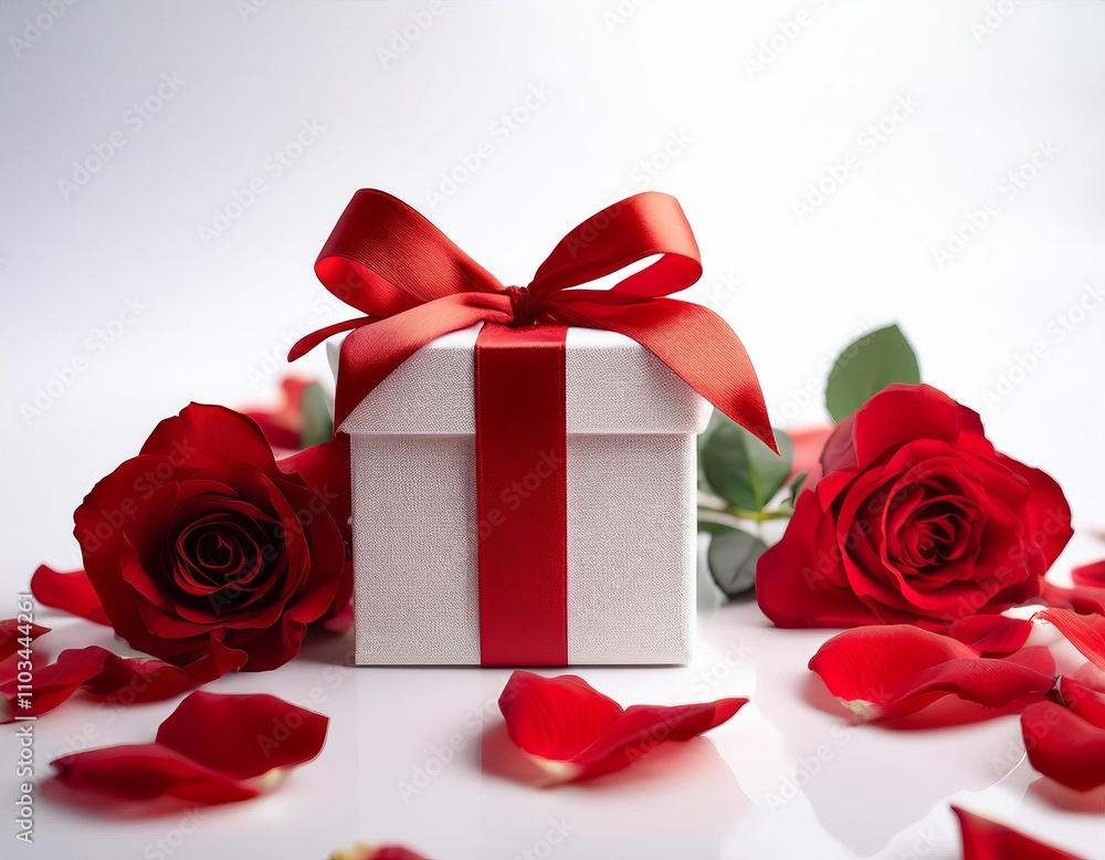 Small gift box with a red ribbon bow, surrounded by red roses and scattered petals on a white surface, creating a romantic Valentine’s Day gifting scene Small gift box with a red ribbon bow, surrounded by red roses and scattered petals on a white surface, creating a romantic Valentine’s Day gifting scene