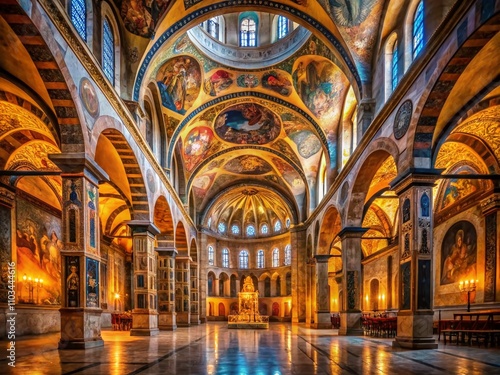 Captivating Low Light Interior View of Chora Church, Featuring Byzantine Mosaics and Rich Architectural Details, Perfect for Historical and Cultural Photography Enthusiasts