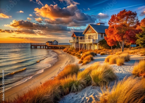 Serene Architectural Views of Pamlico Sound Beach in October with Coastal Structures, Vibrant Fall Foliage, and Calm Waters at Sunset for Stunning Landscape Photography photo