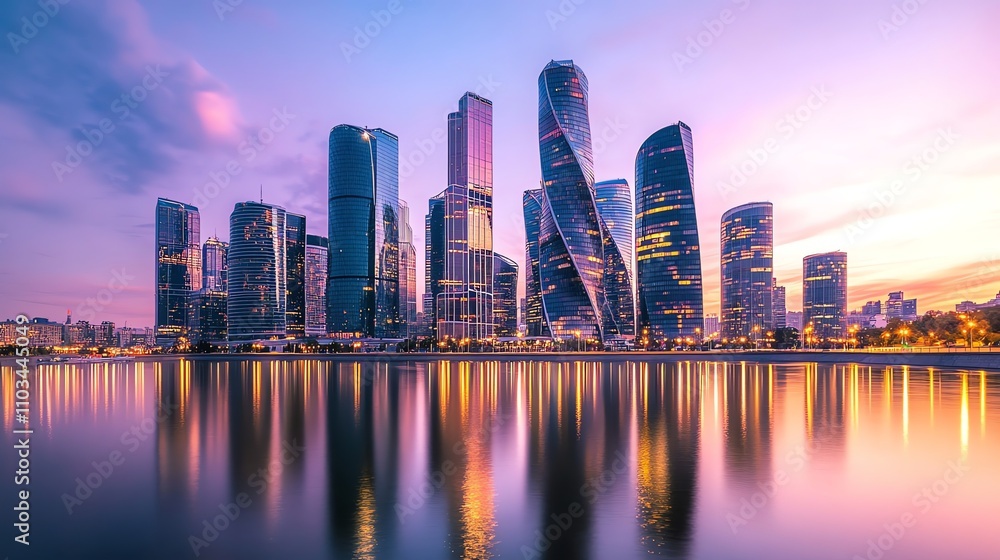 Obraz premium City skyline at dusk with skyscrapers and a river.
