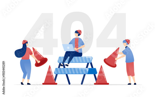 vector illustration of 404 Not Found or Under Construction. People in Construction Project Gear Illustrating Duration of Development or Website Building for an Engaging User Experience