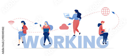 vector illustration of Working with the Power of the Internet. People Using Online Platforms to Facilitate Careers, Jobs, and Professional Development in the Digital Space