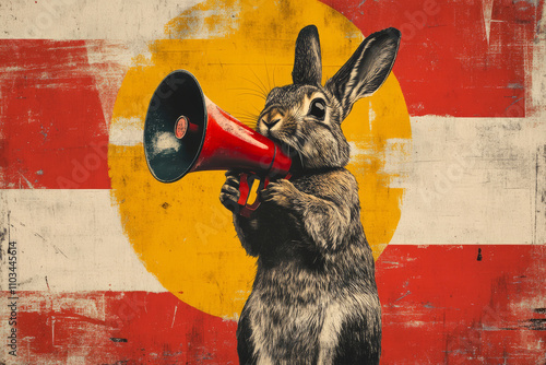 rabbit with a megaphone, Promotion, action, holiday, ad, job questions. Vacancy. Business discount concept, communication, information, news, team media	
 photo